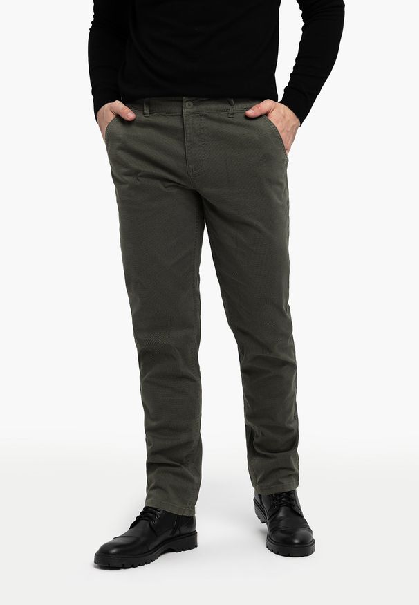 Volcano - Zielone chinosy R-FOST. Okazja: na co dzień. Kolor: zielony. Materiał: bawełna, tkanina, elastan, materiał. Styl: klasyczny, wizytowy, casual, elegancki