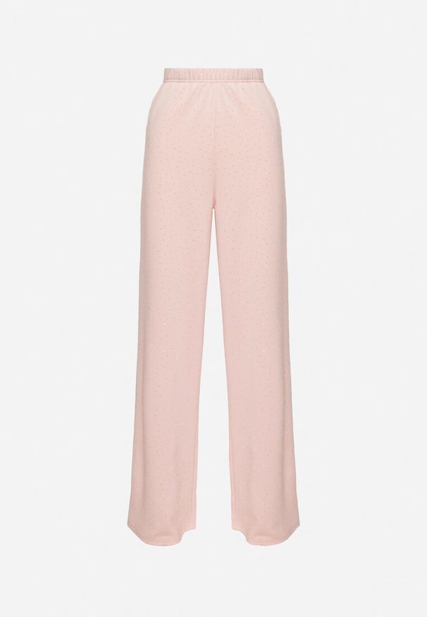 Born2be - Różowe Szerokie Spodnie z Wiskozą Zdobione Cyrkoniami Zeonaria. Okazja: na co dzień. Stan: podwyższony. Kolor: różowy. Materiał: wiskoza. Wzór: aplikacja. Styl: casual, klasyczny