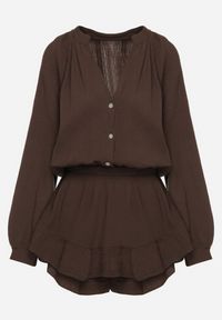 Born2be - Brązowy Bawełniany Kombinezon z Elastyczną Gumką w Talii i Spódnico-Spodenkami Gleasea. Okazja: na co dzień. Kolor: brązowy. Materiał: bawełna. Styl: casual, elegancki #7