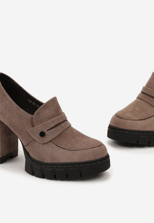 Born2be - Ciemnobeżowe Półbuty na Wysokim Obcasie i Platformie ze Skórzaną Wkładką Nerssia. Okazja: na spotkanie biznesowe, do pracy. Kolor: beżowy. Materiał: skóra. Sezon: wiosna. Obcas: na obcasie. Styl: biznesowy. Wysokość obcasa: wysoki