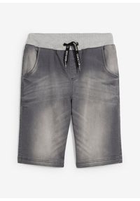 bonprix - Bermudy dżinsowe na gumce o kroju regular fit. Kolor: szary. Materiał: prążkowany, dzianina, materiał, dresówka. Wzór: prążki #1