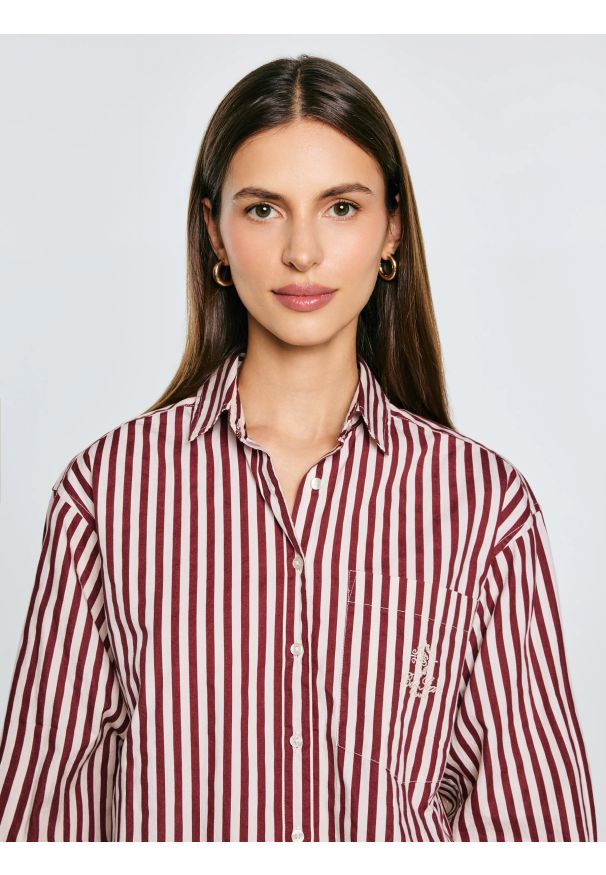 Big-Star - Koszula damska luźna w paski bordowo-kremowe Tina 604. Okazja: na co dzień. Kolor: czerwony. Materiał: bawełna, jeans, materiał. Wzór: paski. Styl: casual, elegancki