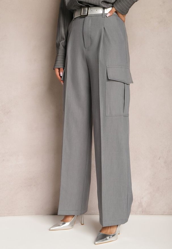 Renee - Ciemnoszare Szerokie Spodnie High Waist w Eleganckim Stylu z Kieszeniami Cargo Dekanna. Okazja: na co dzień, na spotkanie biznesowe. Stan: podwyższony. Kolor: szary. Długość: długie. Styl: elegancki