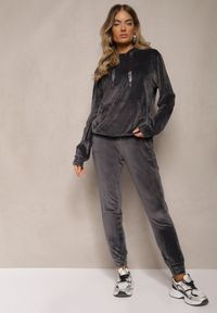 Renee - Ciemnoszary Komplet Dresowy z Dodatkiem Bawełny Spodnie z Gumką w Pasie Bluza z Kapturem Reseria. Kolor: szary. Materiał: bawełna, dresówka