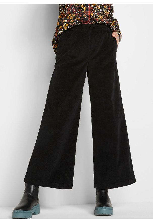 bonprix - Spodnie sztruksowe high-waist z wygodną talią. Stan: podwyższony. Kolor: czarny. Materiał: sztruks