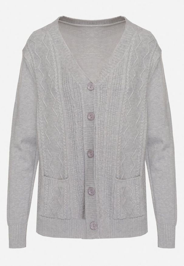 Born2be - Szary Kardigan z Bawełną Kieszeniami i Tłoczeniami Mevalee. Okazja: na co dzień. Kolor: szary. Materiał: bawełna. Długość rękawa: długi rękaw. Długość: długie. Wzór: aplikacja. Sezon: wiosna, jesień. Styl: elegancki, casual, klasyczny