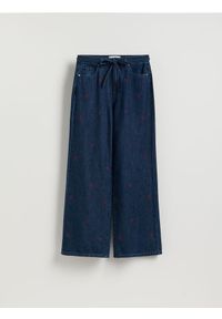 Reserved - Jeansy wide leg z haftem - granatowy. Kolor: niebieski. Wzór: haft