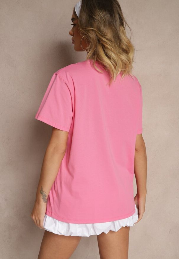 Renee - Różowy T-shirt z Bawełny z Naszytymi Cekinami Avenelli. Okazja: na co dzień. Kolor: różowy. Materiał: bawełna. Wzór: aplikacja. Styl: casual, elegancki, klasyczny