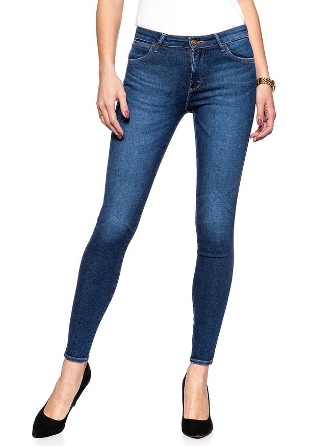 Wrangler - WRANGLER SKINNY BLUE SHADOW W28KFS15J. Wzór: aplikacja