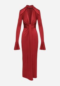 Born2be - Bordowa Koktajlowa Sukienka z Usztywnioną Linią Ramion i Rozkloszowanymi Rękawami Semirienne. Kolor: czerwony. Wzór: aplikacja. Styl: wizytowy #6