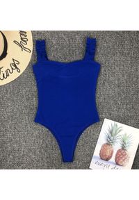 Intica - Strój kąpielowy z ozdobnymi ramiączkami na plażę i basen Berny. Kolor: niebieski. Materiał: materiał. Wzór: aplikacja