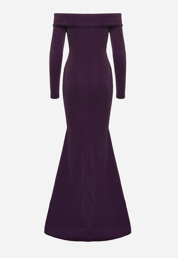 Born2be - Ciemnofioletowa Dopasowana Sukienka Hiszpanka z Rozcięciem i Rozszerzanym Dołem Emilenne. Typ kołnierza: dekolt hiszpanka. Kolor: fioletowy. Długość rękawa: długi rękaw. Typ sukienki: z odkrytymi ramionami. Styl: wizytowy