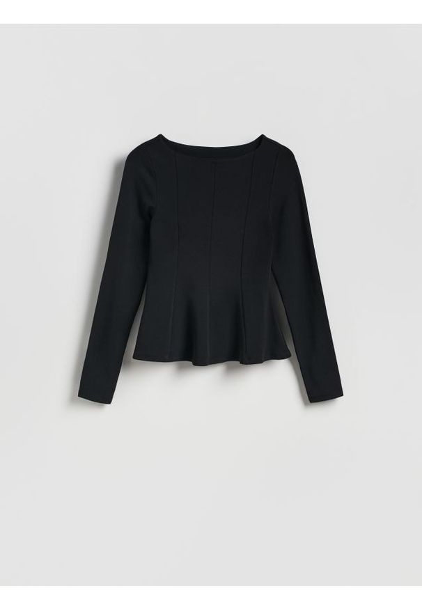 Reserved - Bluzka z baskinką - czarny. Kolor: czarny. Materiał: dzianina, bawełna. Wzór: gładki
