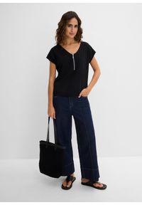 bonprix - T-shirt z zamkiem, krótki rękaw. Kolor: czarny. Długość rękawa: krótki rękaw. Długość: krótkie #2