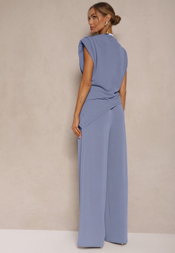 Renee - Niebieski Komplet Bluzka z Poduszkami w Ramionach i Proste Spodnie z Gumką w Pasie Divanes. Kolor: niebieski