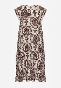 Renee - Brązowo-Beżowa Boho Sukienka z Bawełny na Ramiączkach Ozdobiona Falbanką Testalaya. Okazja: na co dzień, na spacer. Typ kołnierza: dekolt w serek. Kolor: brązowy. Materiał: bawełna. Długość rękawa: na ramiączkach. Wzór: aplikacja. Sezon: lato. Styl: boho #4