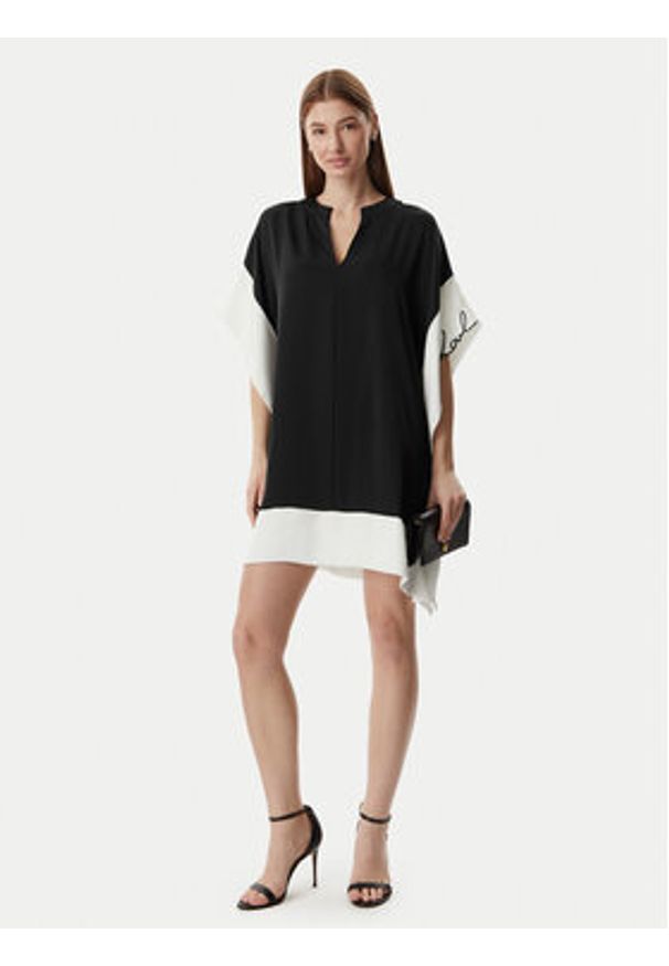 Karl Lagerfeld - KARL LAGERFELD Sukienka codzienna B2W13016 Czarny Loose Fit. Okazja: na co dzień. Typ kołnierza: dekolt w karo. Kolor: czarny. Materiał: syntetyk. Typ sukienki: proste. Styl: casual