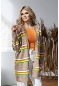 PeeKaBoo - Elegancki sweter kardigan w kolorowe paski cappuccino. Wzór: paski, kolorowy. Styl: elegancki
