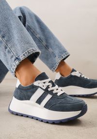 Born2be - Granatowe Skórzane Sneakersy na Grubej Podeszwie Cezelina. Okazja: na co dzień. Kolor: niebieski. Materiał: skóra #3
