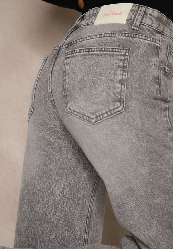 Renee - Szare Szerokie Jeansy z Bawełny High Waist Ozdobione Przetarciami Orryna. Okazja: na co dzień. Stan: podwyższony. Kolor: szary. Wzór: aplikacja. Styl: casual