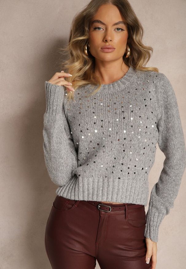 Renee - Szary Sweter z Bawełną i Cekinami Savintha. Okazja: na co dzień. Kolor: szary. Materiał: bawełna. Wzór: aplikacja. Styl: casual, elegancki