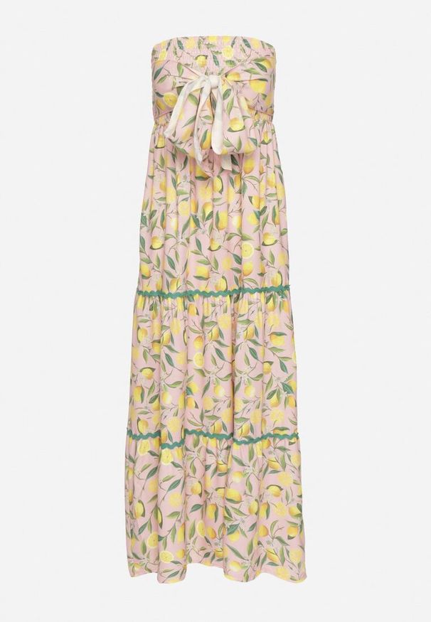 Born2be - Różowa Sukienka w Cytryny z Kokardą Galadessa. Okazja: na co dzień, na randkę. Typ kołnierza: kokarda. Kolor: różowy. Sezon: lato. Styl: casual, elegancki