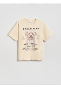 Reserved - T-shirt z nadrukiem - kremowy. Kolor: kremowy. Materiał: bawełna. Wzór: nadruk #1