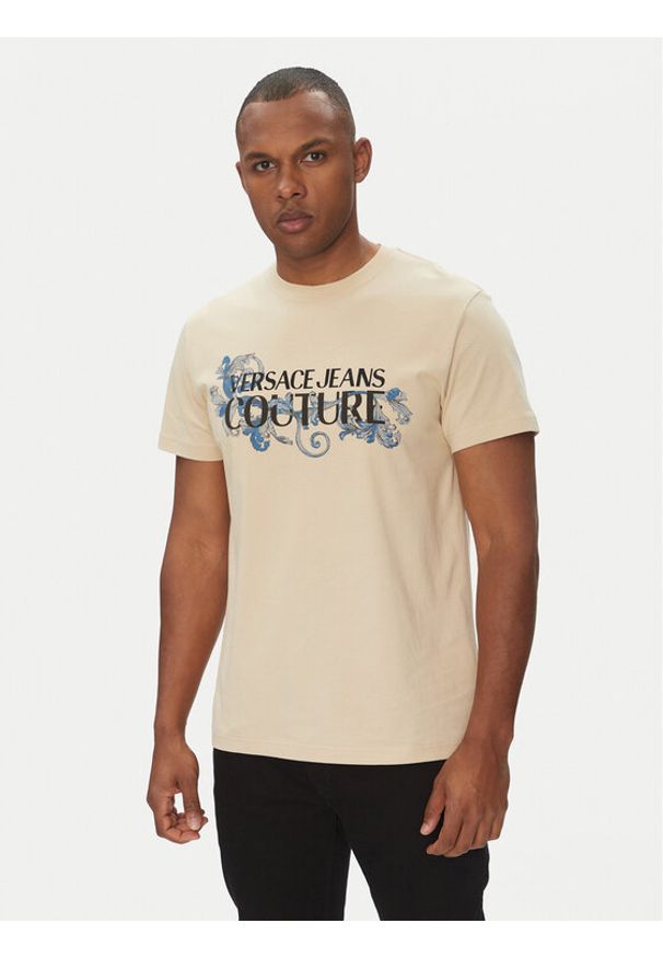 Versace Jeans Couture T-Shirt 78GAHC05 Beżowy Regular Fit. Kolor: beżowy. Materiał: bawełna