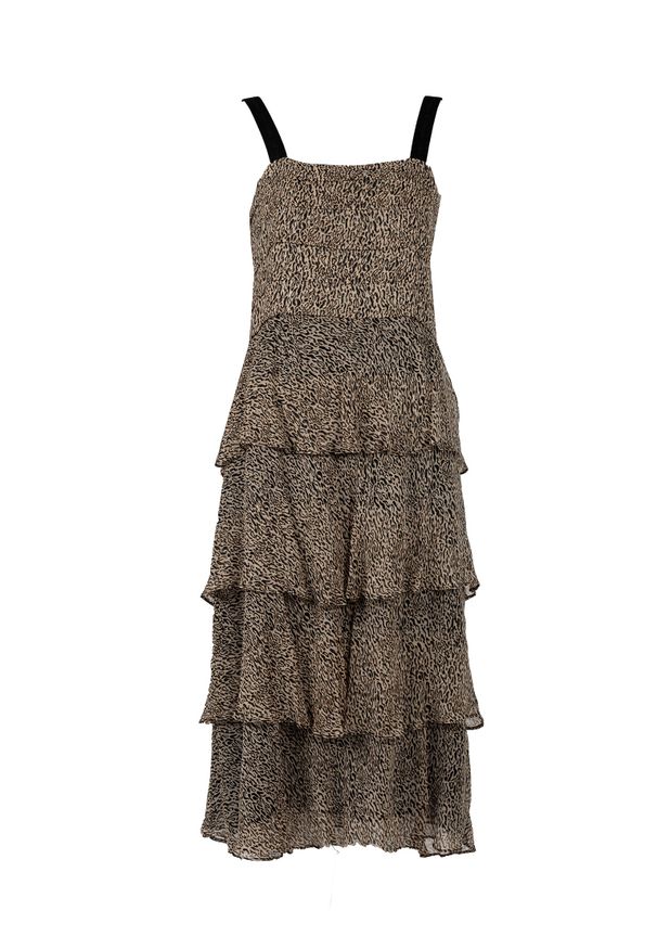 Pinko Sukienka "Preferire" | 1N13D2 Y89X | Preferire | Kobieta | Czarny, Biały, Beżowy. Typ kołnierza: kołnierz z falbankami. Kolor: biały, wielokolorowy, beżowy, czarny. Materiał: włókno, wiskoza. Długość rękawa: na ramiączkach. Wzór: aplikacja, motyw zwierzęcy. Typ sukienki: dopasowane. Długość: midi