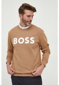 BOSS bluza bawełniana męska kolor beżowy z nadrukiem. Kolor: beżowy. Materiał: bawełna. Wzór: nadruk. Styl: klasyczny #4