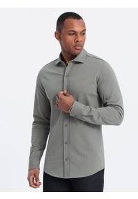 Ombre Clothing - Bawełniana męska koszula REGULAR z dzianiny single jersey - jasny khaki V4. Kolor: brązowy. Materiał: bawełna, jersey, dzianina. Wzór: haft, kolorowy #10