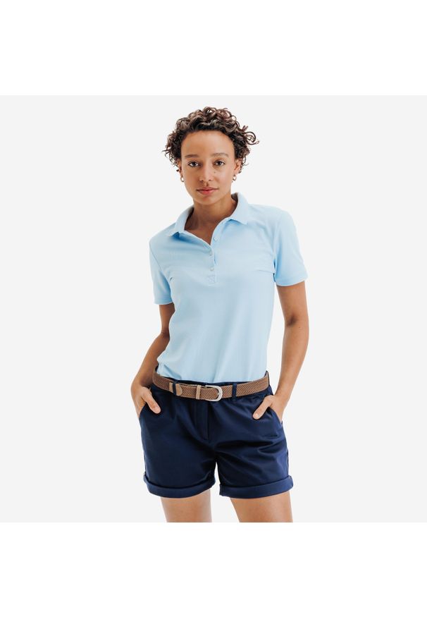 INESIS - Koszulka polo do golfa damska z krótkim rękawem Inesis MW500. Typ kołnierza: polo, golf. Kolor: niebieski. Materiał: poliester, bawełna, materiał. Długość rękawa: krótki rękaw. Długość: krótkie. Wzór: ze splotem. Styl: klasyczny, sportowy