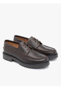 Ryłko - Ciemnobrązowe półbuty boat shoes. Okazja: na co dzień. Zapięcie: sznurówki. Kolor: brązowy. Materiał: skóra, jeans. Styl: street, casual #2