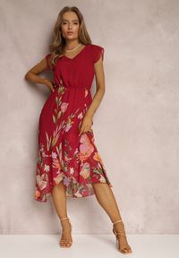 Renee - Bordowa Sukienka Keepey. Kolor: czerwony. Długość rękawa: krótki rękaw. Wzór: nadruk, kwiaty. Sezon: lato. Długość: midi #2