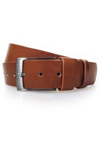 Jasnobrązowy pasek męski do jeansów KMG82. Kolor: brązowy. Materiał: jeans. Styl: elegancki, klasyczny #1