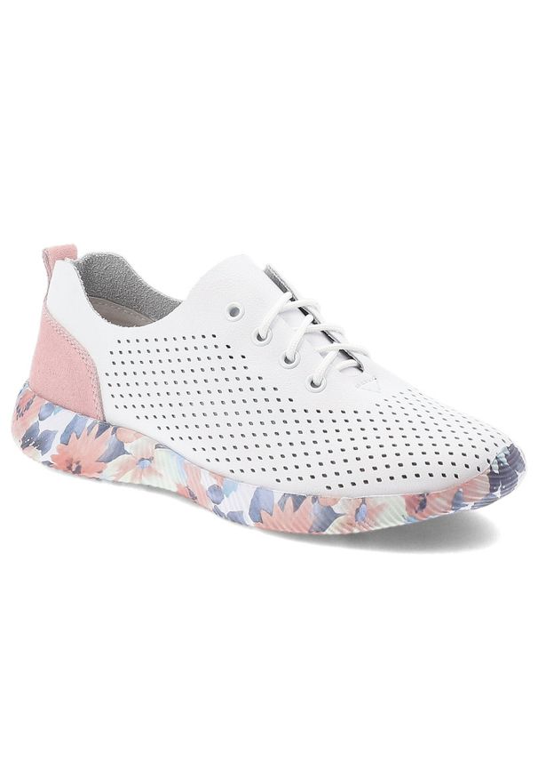 Półbuty damskie Artiker, skóra naturalna perforowana cholewka sznurowany fason lekka elastyczna podeszwa z kwiatowym motywem, białe, 58C0587. Okazja: na spacer, na co dzień. Zapięcie: sznurówki. Kolor: biały. Materiał: skóra. Szerokość cholewki: normalna. Wzór: kwiaty. Sport: turystyka piesza