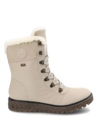 Botki damskie Rieker, cholewka z gładkiej skóry naturalnej z wysoką cholewką i sznurowaniem oraz miękkim obszyciem przy krawędzi gruba podeszwa z wyr. Wysokość cholewki: przed kolano. Kolor: beżowy. Materiał: futro, syntetyk, skóra ekologiczna. Szerokość cholewki: normalna. Wzór: gładki. Obcas: na platformie #4