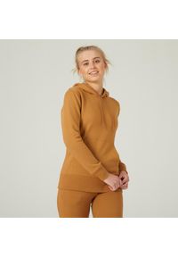 DOMYOS - Bluza z kapturem damska Domyos Gym & Pilates 500 Essentials. Typ kołnierza: kaptur. Kolor: pomarańczowy, brązowy, wielokolorowy. Materiał: włókno, prążkowany, bawełna, materiał, poliester, elastan, tkanina. Długość: długie. Sport: joga i pilates