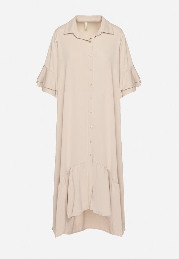 Born2be - Beżowa Sukienka Koszulowa z Ozdobną Falbanką Daviravie. Okazja: na co dzień. Kolor: beżowy. Typ sukienki: koszulowe. Styl: casual, klasyczny, elegancki