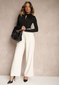 Renee - Beżowe Spodnie o Szerokim Kroju High Waist Wykończone Lamówką Verillia. Okazja: na co dzień, na spacer. Stan: podwyższony. Kolor: beżowy. Styl: casual, elegancki