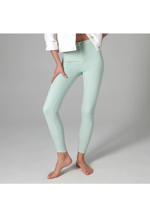 Sinsay - Jegginsy skinny high waist - Turkusowy. Stan: podwyższony. Kolor: turkusowy