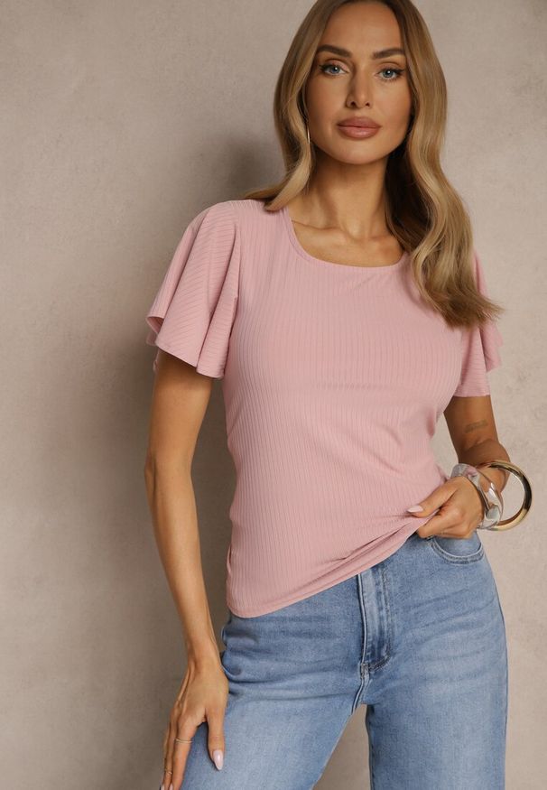 Renee - Różowa Bluzka z Rozkloszowanymi Rękawami Sunelva. Okazja: na co dzień. Kolor: różowy. Materiał: jeans. Styl: casual, elegancki