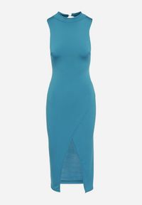 Born2be - Niebieska Sukienka z Półgolfem z Rozcięciem na Przodzie Aelwyn. Okazja: na imprezę, na co dzień. Kolor: niebieski. Materiał: skóra. Długość rękawa: krótki rękaw. Styl: casual #6