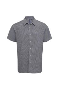 PREMIER - Męska Bawełniana Koszula Z Krótkim Rękawem W Kratkę Micro Gingham. Kolor: biały, wielokolorowy, czarny. Materiał: bawełna. Długość rękawa: krótki rękaw. Długość: krótkie. Wzór: kratka