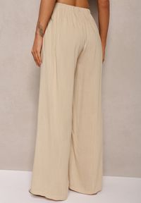 Renee - Beżowe Szerokie Spodnie High Waist z Gumką w Talii Ilnena. Okazja: na co dzień. Stan: podwyższony. Kolor: beżowy. Styl: klasyczny, casual, elegancki #4