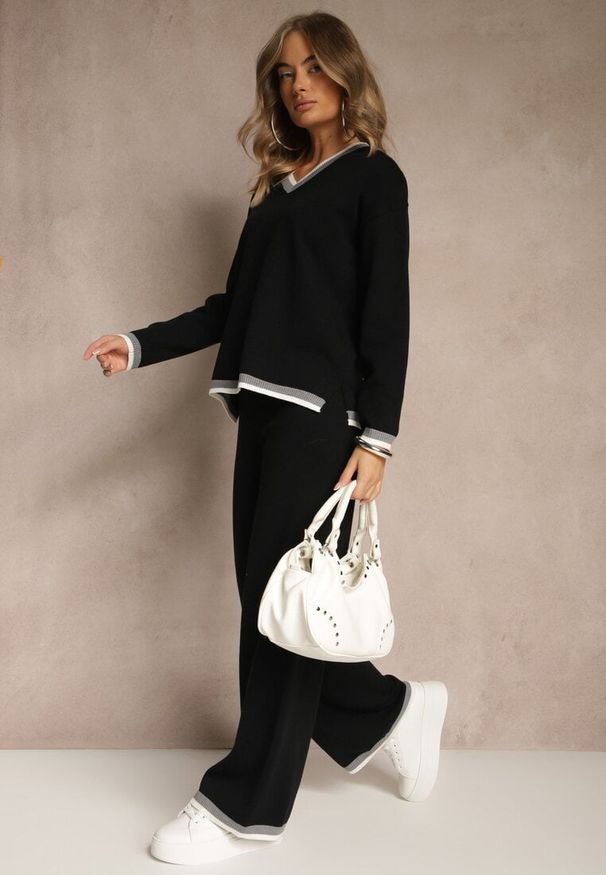 Renee - Czarny Komplet Dzianinowy Sweter i Spodnie Wide Leg z Ozdobną Lamówką Ralenia. Kolor: czarny. Materiał: dzianina. Wzór: aplikacja