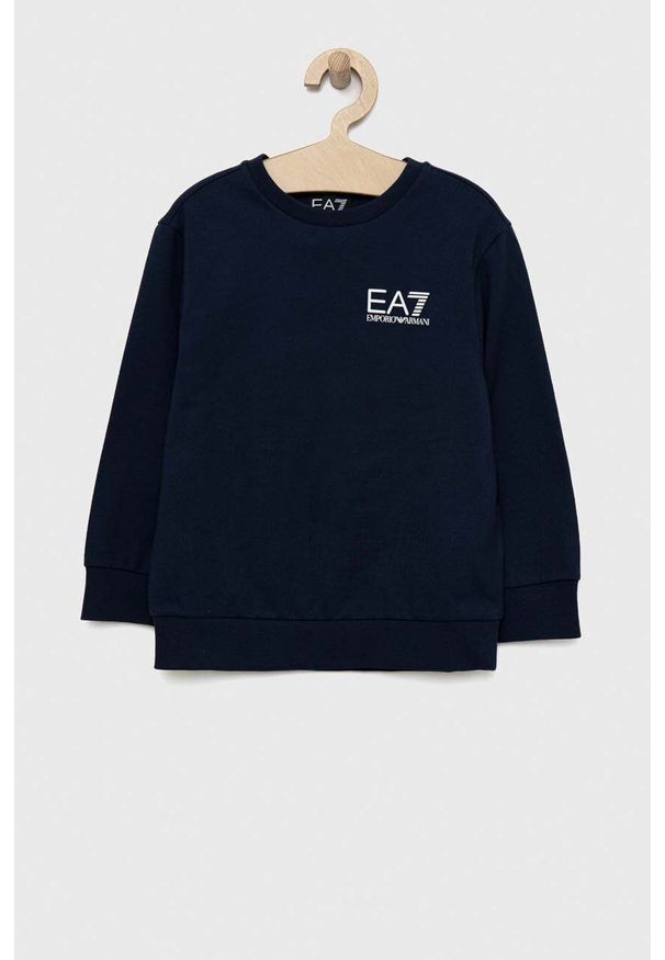 EA7 Emporio Armani bluza bawełniana dziecięca kolor granatowy z nadrukiem. Kolor: niebieski. Materiał: bawełna. Wzór: nadruk
