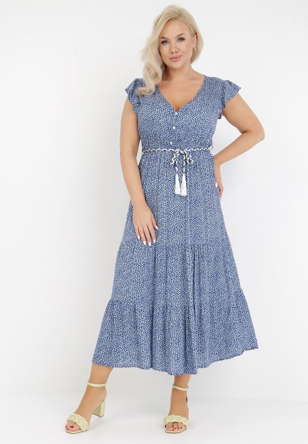 Born2be - Niebieska Sukienka Tudanna. Typ kołnierza: dekolt w kształcie V. Kolor: niebieski. Materiał: tkanina, materiał. Wzór: ażurowy, aplikacja, kwiaty. Długość: maxi