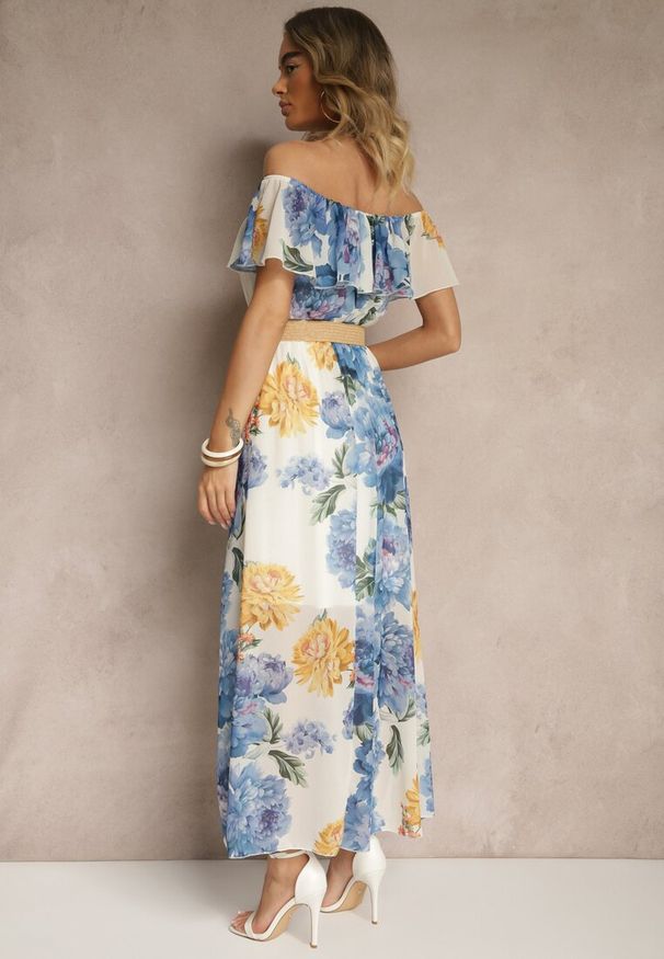 Renee - Niebieska Sukienka Hiszpanka z Kwiatowym Wzorem i Plecionym Paskiem Sadeene. Okazja: na co dzień, na imprezę. Typ kołnierza: dekolt hiszpanka. Kolor: niebieski. Wzór: kwiaty. Sezon: lato. Styl: casual, elegancki