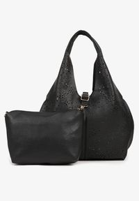 Born2be - Czarna Ażurowa Torebka Hobo z Dodatkową Saszetką Frosira. Kolor: czarny. Wzór: ażurowy. Materiał: zdobione. Styl: klasyczny, elegancki, casual